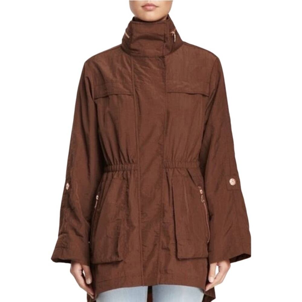 NWT G.E.T Jacket L Anorak Brown Hoodie Zip Snaps Roll-Tab-Sleeve Adjust-Waist